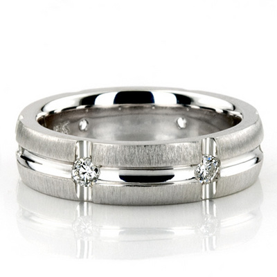 Wide Grooved Diamond Wedding Band 