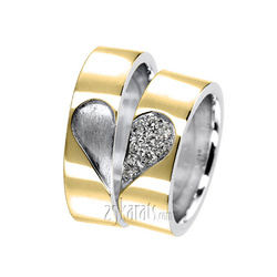 Two Tone Matching Heart Diamond Wedding Band Set