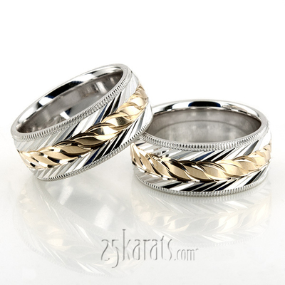 Fine Incised Diamond Cut Wedding Band Set