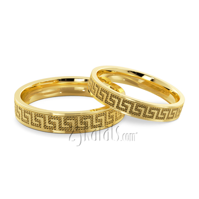 Fancy Greek Key Design Lightweight Wedding Band Set